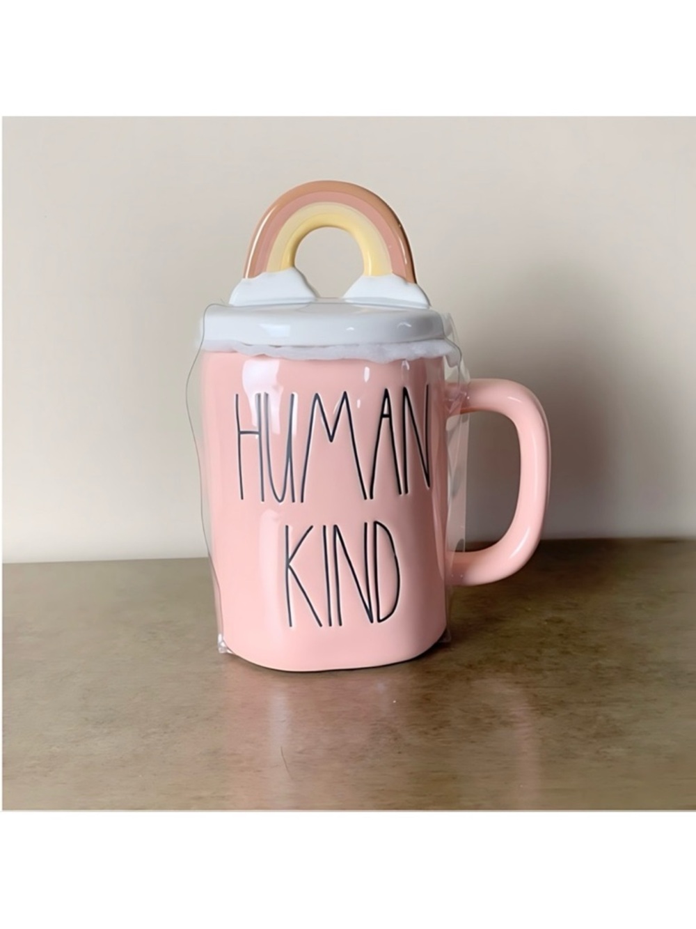 New Rae Dunn Magenta Large Capacity ‘Human Kind’ Coffee Mug With Rainbow Lid